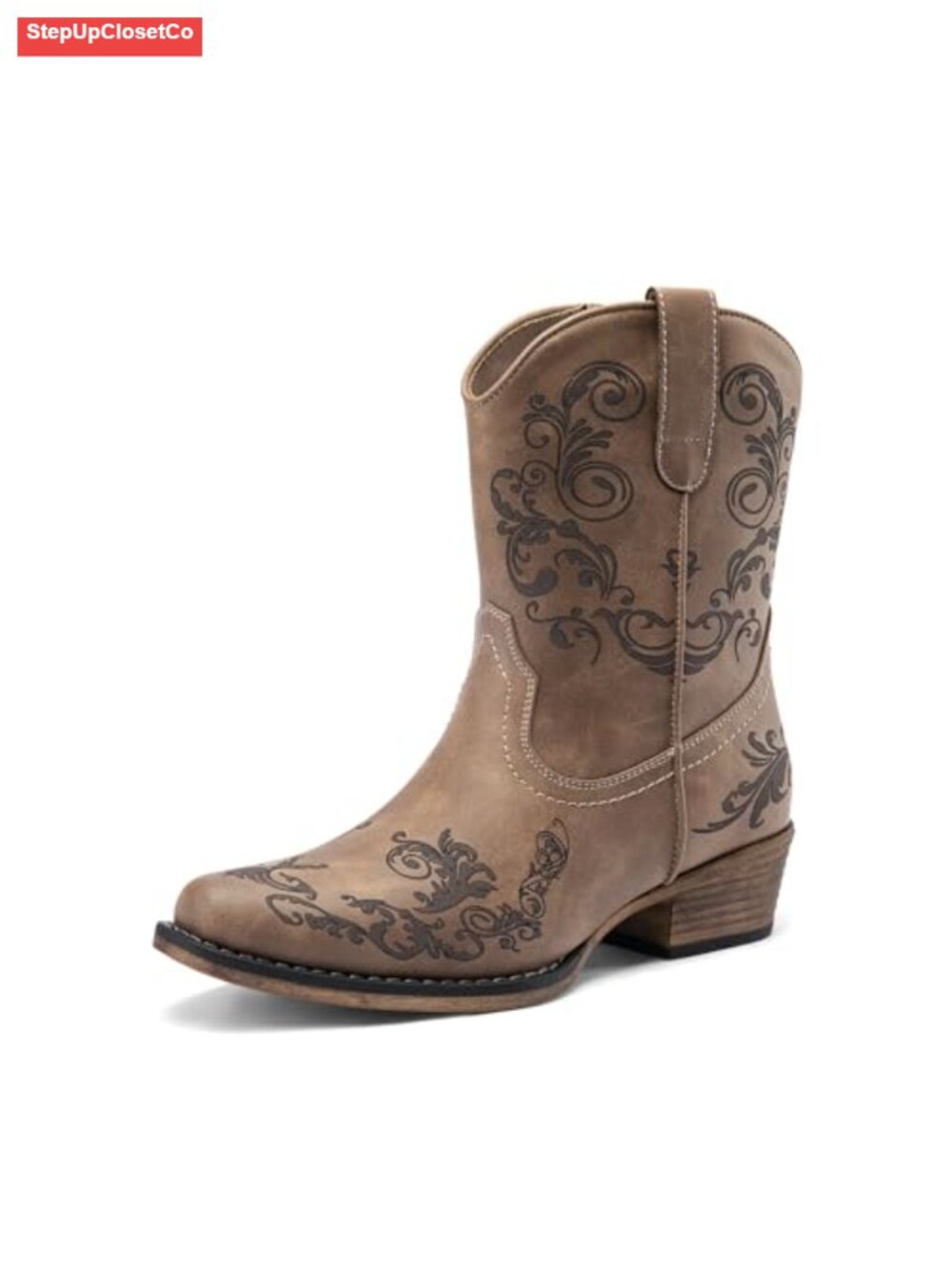 Vegan Leather Western Ankle Boots Square Toe Side Zipper Cuban Heel